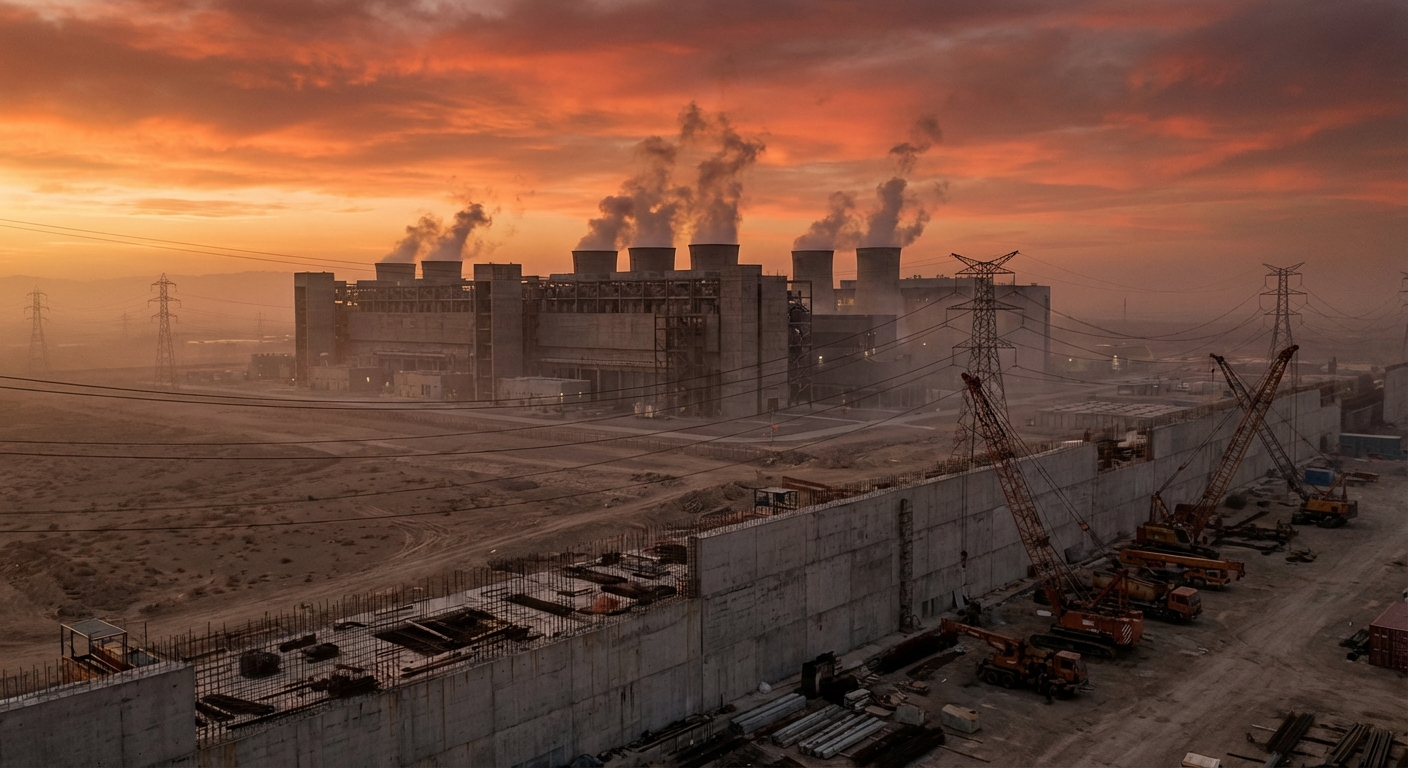 Massive centralized data center complex at night, glowing with heat and power consumption, hitting physical infrastructure limits